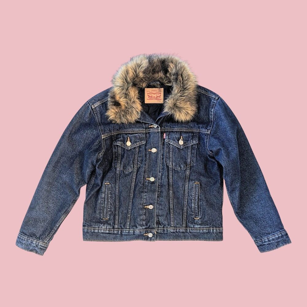 Levi Strauss Women's L Ex-Boyfriend Faux Fur Collar Trucker Blue Denim Jacket